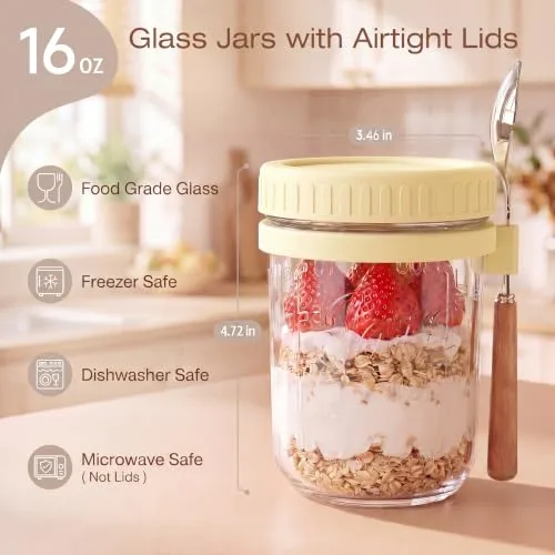 16oz Glass Overnight Oats Containers with Lids and Spoons, 6 Pack Yellow