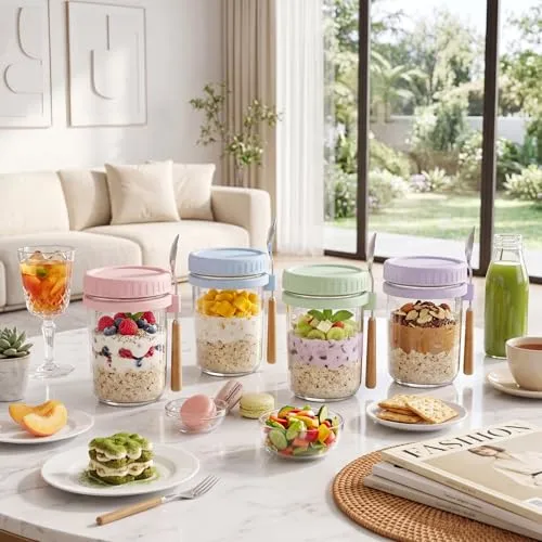16oz Glass Overnight Oats Containers with Lids and Spoons, 6 Pack Yellow