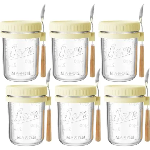 16oz Glass Overnight Oats Containers with Lids and Spoons, 6 Pack Yellow
