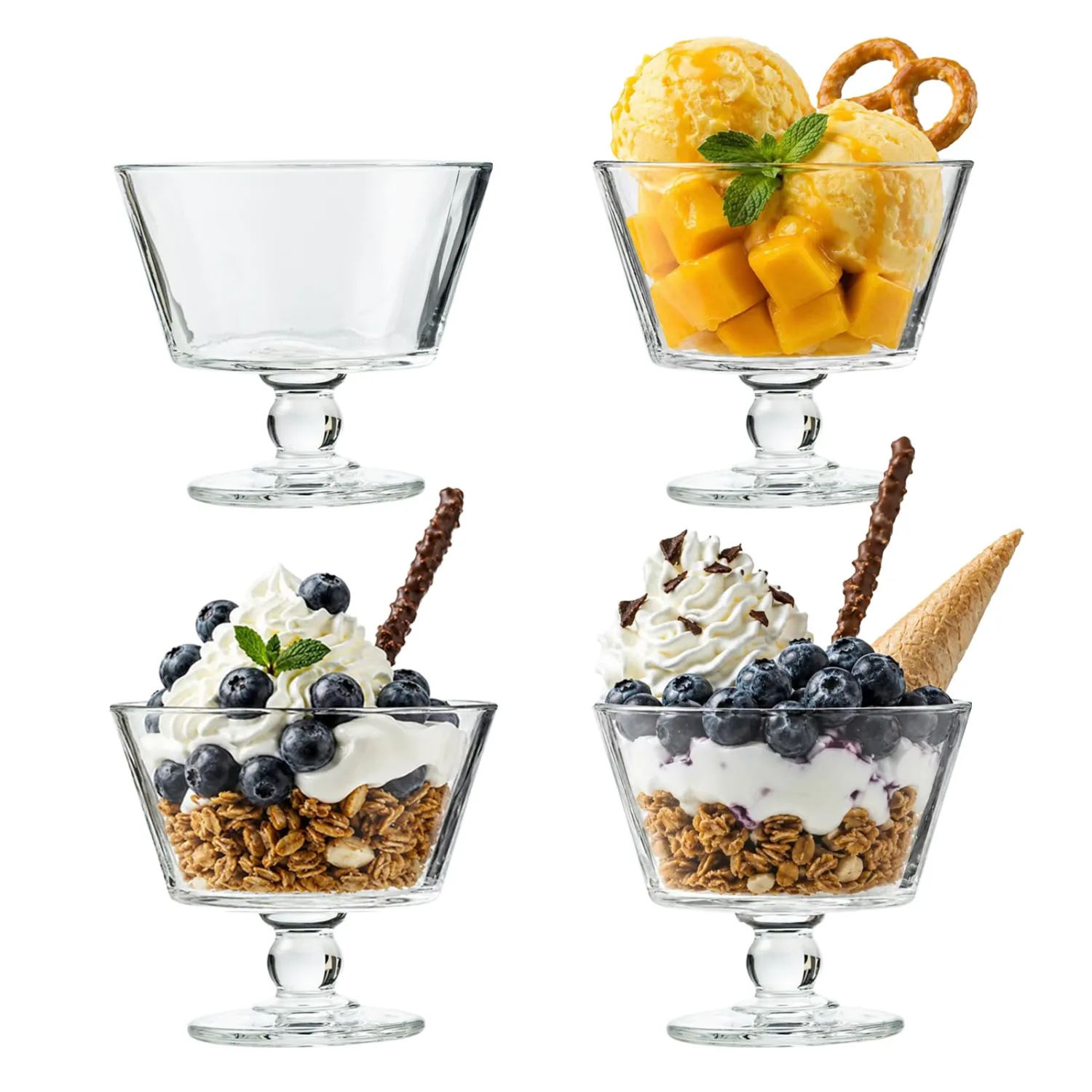 9oz Glass Dessert Bowls, Vintage Footed Glass Ice Cream Sundae Cups (4)