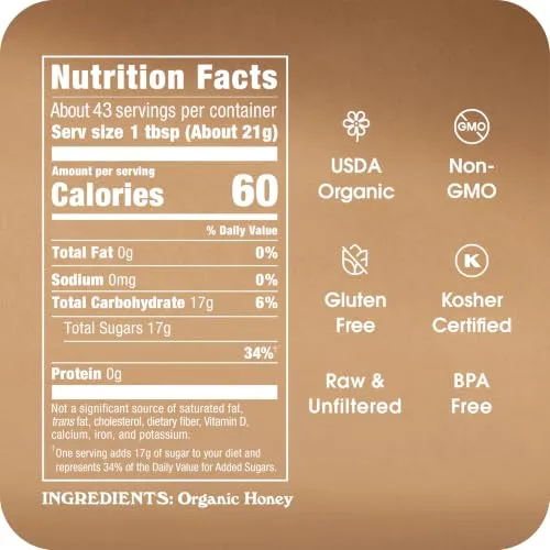 Honey In The Raw, Organic Raw & Unfiltered Honey, 32 oz Squeeze Bottle | Pure Raw & Unfiltered Organic Honey, No Additives, Gluten and BPA Free, USDA Certified, for Coffee, Tea, Baking & More
