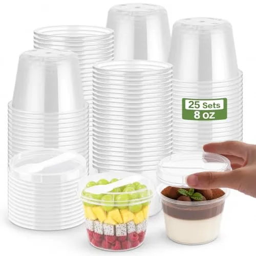 mwellewm 25Set 8OZ Plastic Dessert Cups with Lids and Spoons, Clear Cups