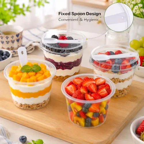mwellewm 25Set 8OZ Plastic Dessert Cups with Lids and Spoons, Clear Cups