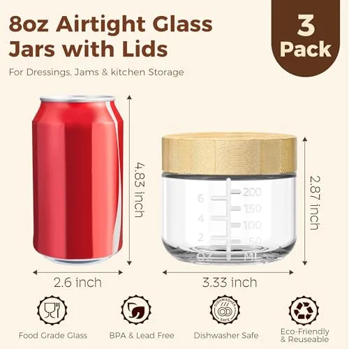 8 oz Small Glass Jars with Bamboo Lids, Overnight Oats Containers, 3 Pack