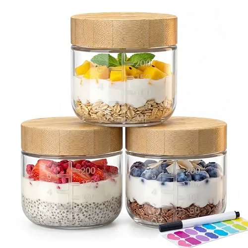 8 oz Small Glass Jars with Bamboo Lids, Overnight Oats Containers, 3 Pack