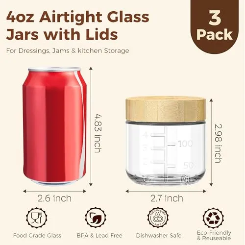 4 oz Small Glass Salad Dressing Containers with Bamboo Lids, 3 Pack