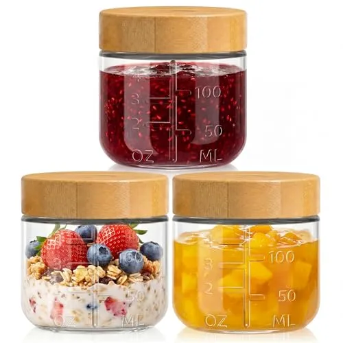 4 oz Small Glass Salad Dressing Containers with Bamboo Lids, 3 Pack