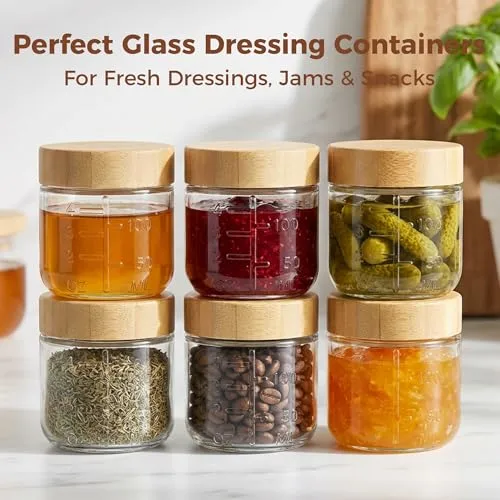 4 oz Small Glass Salad Dressing Containers with Bamboo Lids, 6 Pack