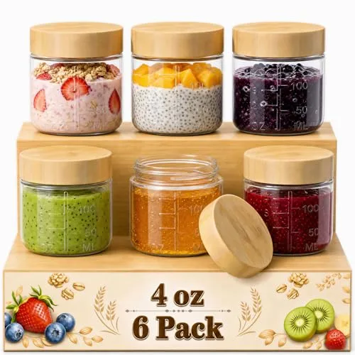 4 oz Small Glass Salad Dressing Containers with Bamboo Lids, 6 Pack
