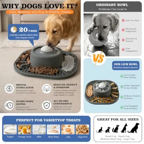 Dog Lick Bowl with Interactive Rolling Ball & Slow Feeder s,Grey
