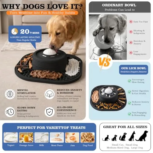 Dog Lick Bowl with Interactive Rolling Ball & Slow Feeder, Black