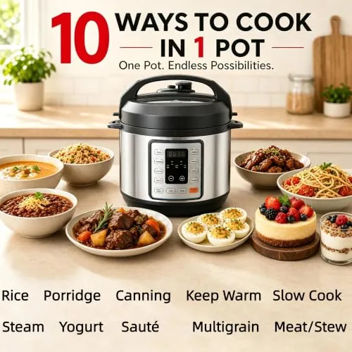 Simple Deluxe 10-In-1 Electric Pressure Cooker, 3QT Instant Multi Cooker, Olla de Presion Nonstick Pot 3 Quarts for Slow Cook, Rice Cook, Steam, Sauté, Canning, Yogurt Maker, Warm, Silver