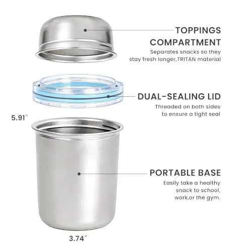 LISI 2-in-1 Stainless Steel Oatmeal Yogurt Containers with Lids, 1.8 & 0.8 Cup 2-Tier Cereal Cup, Leak Proof Portable Food Storage for Hot & Cold Meals, BPA-Free, Dishwasher Safe