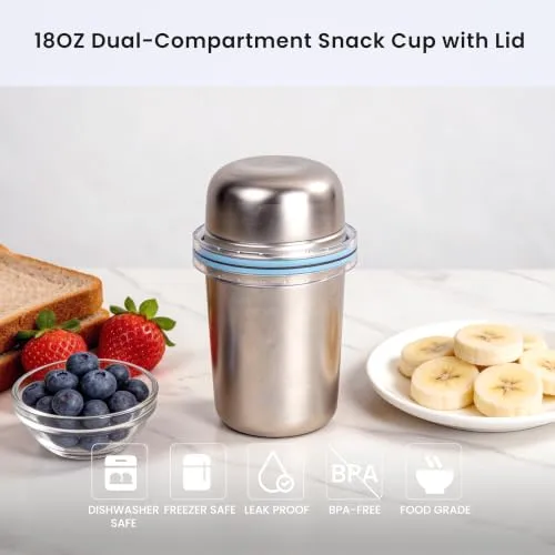 LISI 2-in-1 Stainless Steel Oatmeal Yogurt Containers with Lids, 1.8 & 0.8 Cup 2-Tier Cereal Cup, Leak Proof Portable Food Storage for Hot & Cold Meals, BPA-Free, Dishwasher Safe