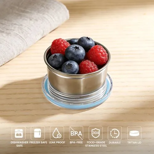 LISI Stainless Steel Food Storage Container with Lids, 2 Tier, 1.8 & 0.8 Cup, Leak Proof, Silver, 2 Pack