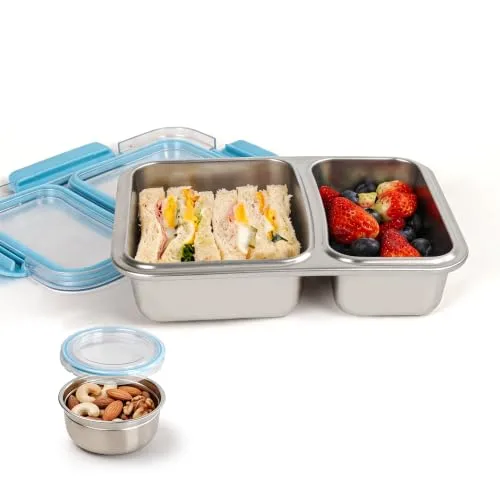 Stainless Steel Food Container with Lids, Leakproof Airtight Food Storage Box with Snack Container, Freezer Dishwasher Safe (4.2cup-2 Compartments)