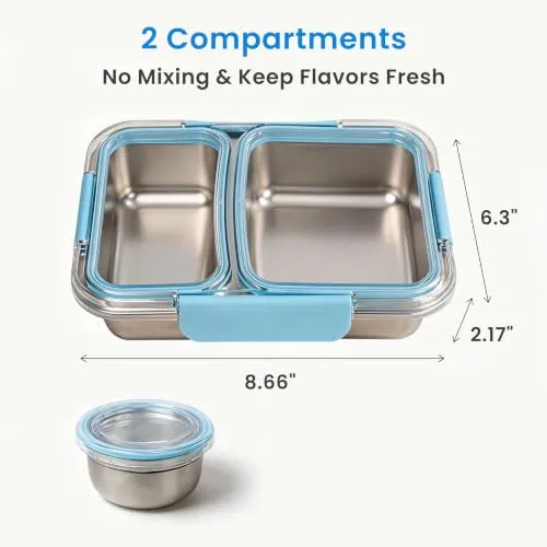 Stainless Steel Food Container with Lids, Leakproof Airtight Food Storage Box with Snack Container, Freezer Dishwasher Safe (4.2cup-2 Compartments)