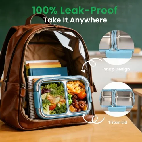 Stainless Steel Food Container with Lids, Leakproof Airtight Food Storage Box with Snack Container, Freezer Dishwasher Safe (4.2cup-2 Compartments)