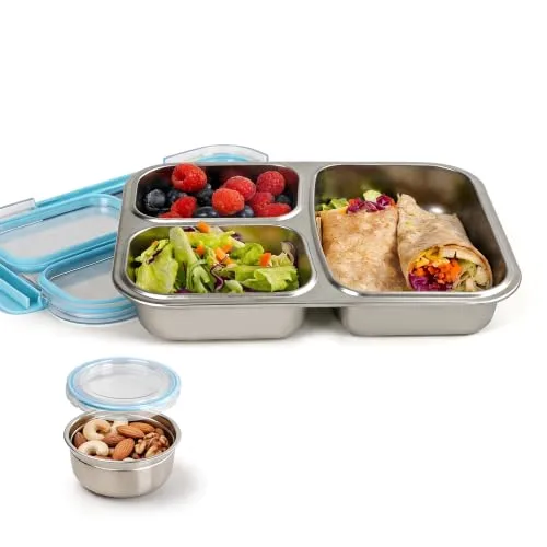 Stainless Steel Food Container with Lids, Leakproof Airtight Food Storage Box with Snack Container, Freezer Dishwasher Safe (5.4cup-3 Compartments)
