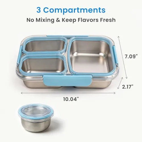 Stainless Steel Food Container with Lids, Leakproof Airtight Food Storage Box with Snack Container, Freezer Dishwasher Safe (5.4cup-3 Compartments)