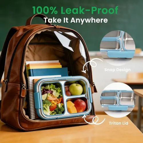 Stainless Steel Food Container with Lids, Leakproof Airtight Food Storage Box with Snack Container, Freezer Dishwasher Safe (5.4cup-3 Compartments)