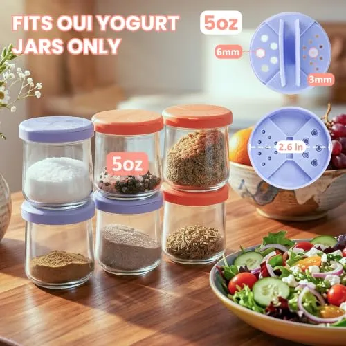 6 Pcs Spice Shaker Lids Compatible with Oui Yogurt Jars (5 oz), Adjustable Jar Spice Caps, Food-Grade Oui Shaker Lids with Dual-Sized Hole, Perfect Sealing, Dishwasher Safe (Jars Not Included)