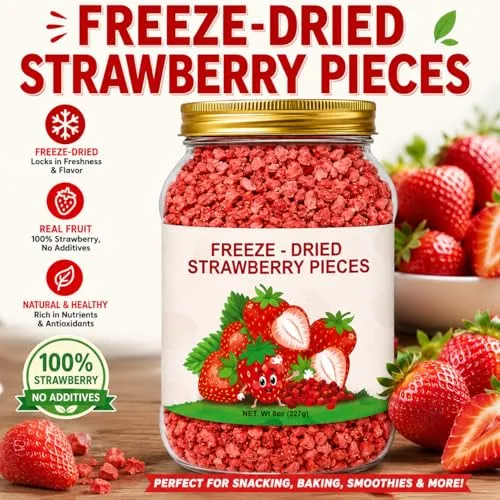 8 Oz Freeze Dried Strawberry Pieces Fruit Snack for Yogurt & Baking