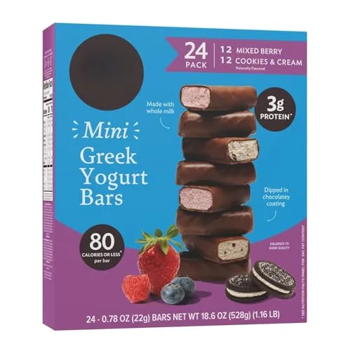 Greek Yogurt Mini Bars Variety Pack, Frozen Greek Yogurt Bars in Assorted Flavors, Includes: 24 mini bars ,12 - Mixed Berry ,12 - Cookies & Cream , Creamy Snack Size Frozen Treats, Perfect for Dessert, Snacks, Lunchboxes and Family Enjoyment, 24 Count – TOTAL NET WT [ 18.6 OZ , 1.16 LB ] .