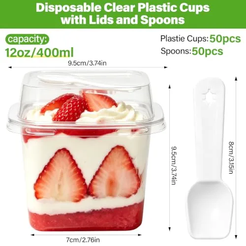 50 Pack 12 oz Plastic Dessert Cups with Lids and Sporks,Square Cake Cups