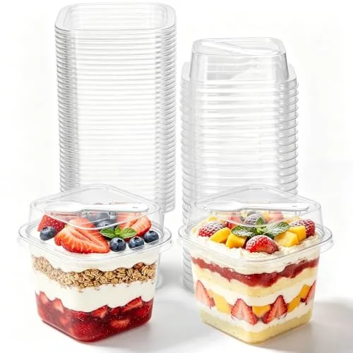 50 Pack 12 oz Plastic Dessert Cups with Lids and Sporks,Square Cake Cups