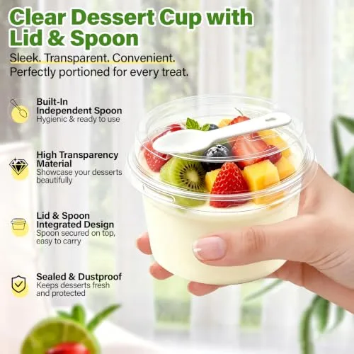 50 Pack 8 oz Plastic Dessert Cups with Lids and Spoons,Clear Parfait Cups