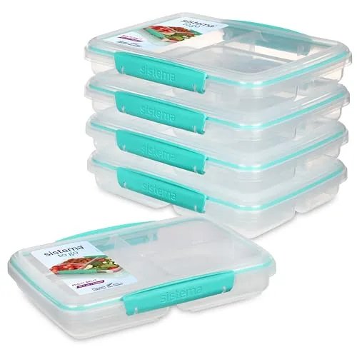 Sistema to Go 820mL Multi-Split Meal & Food Prep Containers, 5-Pack, Freezer, Microwave, & Dishwasher-Safe, BPA-Free