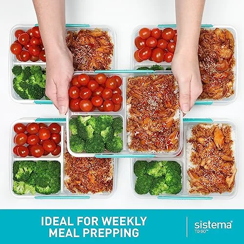 Sistema to Go 820mL Multi-Split Meal & Food Prep Containers, 5-Pack, Freezer, Microwave, & Dishwasher-Safe, BPA-Free