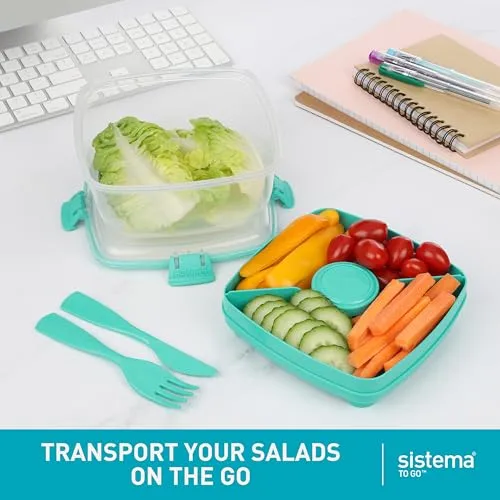 Sistema To Go 1.1L (2-Pack) Salad Box Food Storage Containers, Portable Salad Boxes with Removable Dividers & Dressing Container, Two 1.1L Containers, Freezer, Microwave, & Dishwasher-Safe, BPA-Free