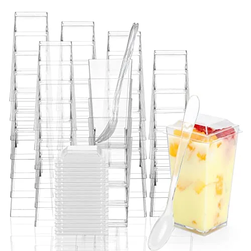 EASERCY 50 Pack 3 oz Square Mini Dessert Cups with Lids and Spoons Clear Dessert Shooter Cups with Spoons Parfait Cups with Lids Appetizer Cups for Party Small Plastic Dessert Cups for Pudding