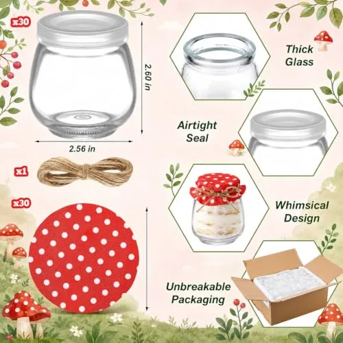 LemonRoad 30 Pcs 3.4 Oz Glass Jars, Lids,Circle,Red and White Polka Dots