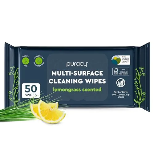 Puracy All Purpose Cleaning Wipes – Non Toxic Multi-Surface Cleaner & Appliance Wipes for Car, Bathroom, Kitchen – Lemongrass Scent (50 Count, 1 Pack)