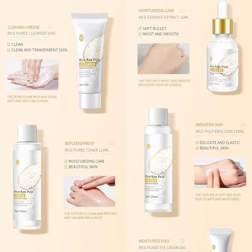 6Pcs Rice Skin Care Set for Teen Girls & Women, Korean Natural Skincare
