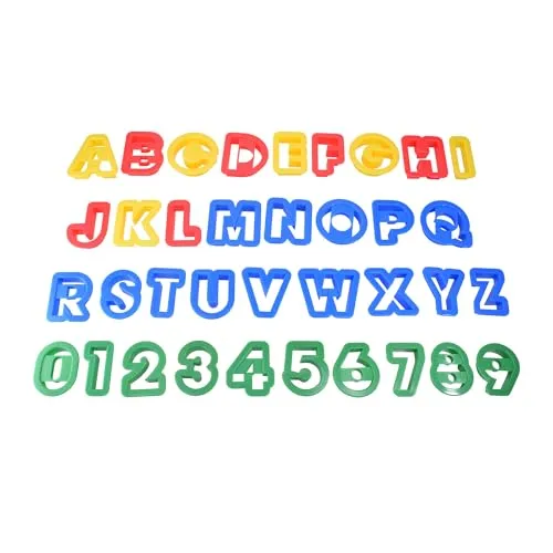 R&M Alphabet & Numbers 36-Piece Plastic Cookie Cutter Set - Letters A-Z & Numbers 0-9, 1.5" with Storage Bucket