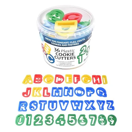 R&M Alphabet & Numbers 36-Piece Plastic Cookie Cutter Set - Letters A-Z & Numbers 0-9, 1.5" with Storage Bucket