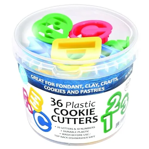 R&M Alphabet & Numbers 36-Piece Plastic Cookie Cutter Set - Letters A-Z & Numbers 0-9, 1.5" with Storage Bucket