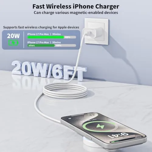 Mag-safe Wireless iPhone Charger, 6Feet USB-C Cable Fast Apple Charging Pad