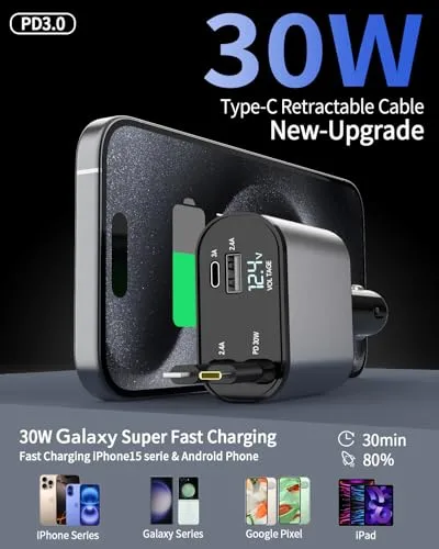Retractable Car Charger,Car Phone Charger USB C Fast Charge for iPhone