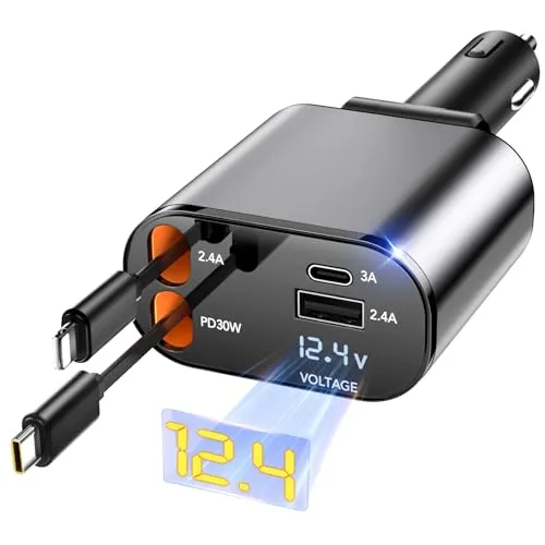 Retractable Car Charger,Car Phone Charger USB C Fast Charge for iPhone