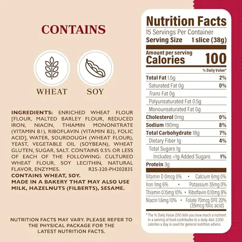 Artesano Sourdough Bakery Bread, Sourdough Sandwich Bread, 20 oz Bag
