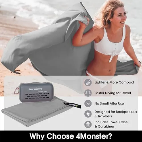 4Monster Quick Dry Travel Towel with Case & Carabiner – Super Absorbent Microfiber Gym & Camping Towel. Compact, Lightweight, Fast Drying for Beach, Swimming, Hiking, Backpacking