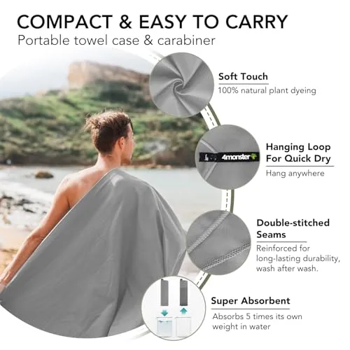 4Monster Quick Dry Travel Towel with Case & Carabiner – Super Absorbent Microfiber Gym & Camping Towel. Compact, Lightweight, Fast Drying for Beach, Swimming, Hiking, Backpacking