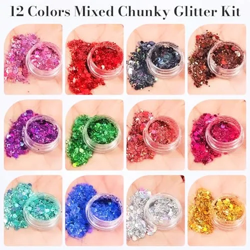 12 Jars Holographic Chunky Mixed Color Craft Glitter