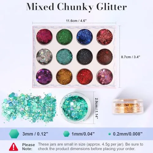 12 Jars Holographic Chunky Mixed Color Craft Glitter