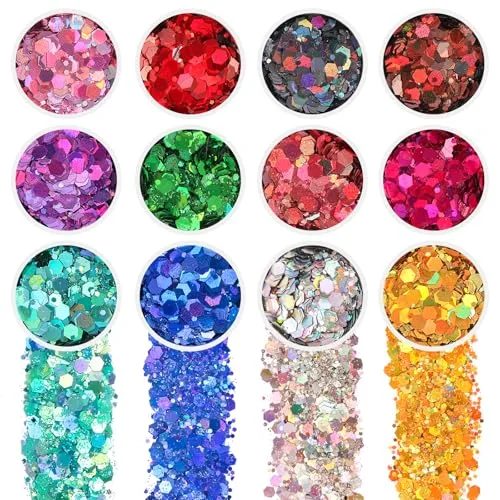 12 Jars Holographic Chunky Mixed Color Craft Glitter